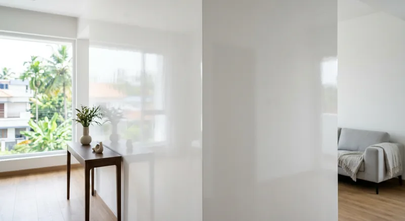 Mirror smooth punning finish on apartment walls in Ollur, Thrissur