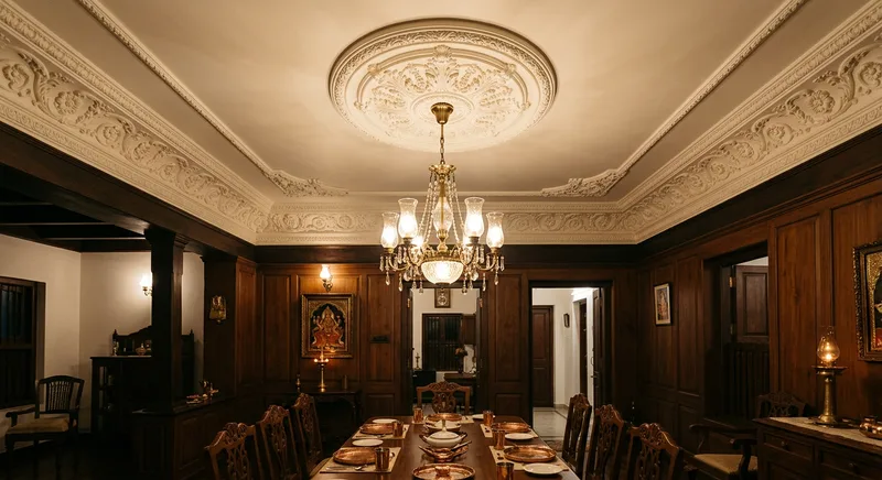 Hand cast POP cornices and rosettes in a Guruvayur villa dining hall