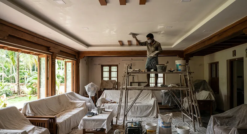 Gypsum plastered ceiling at a Thrissur home with a working platform set up below
