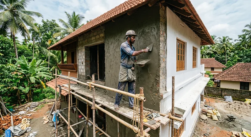 Exterior cement plastering on a Thrissur villa facade