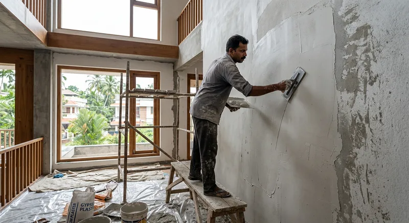 Plasterer skimming gypsum on a Thrissur living room wall